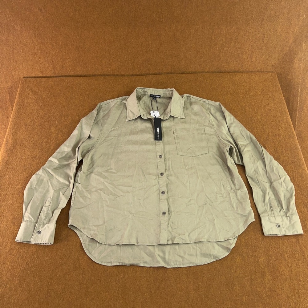 Fashion Nova Womens Size 2X Olive Runway Vibes Long Sleeve Button Up Top NWT